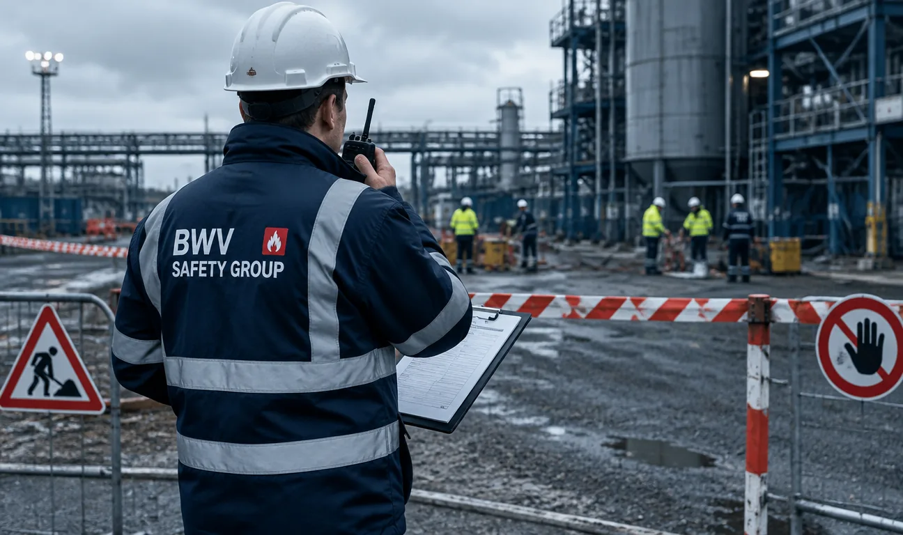 Veiligheidswacht controleert de werkzone en de afbakening op een industriële site